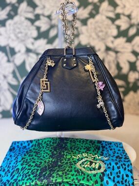 Versace x H&M Authentic Black Leather Bag with Gold Chain & charms & Dusty